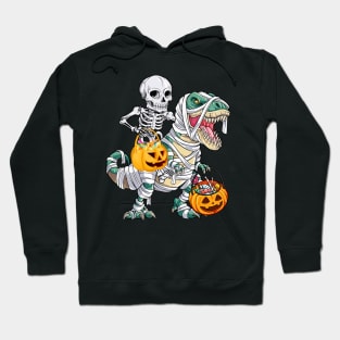 Skeleton Riding Mummy Dinosaur T rex Halloween Kids Boys Men Hoodie